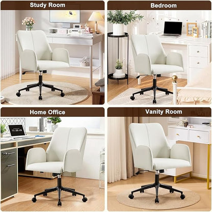 Furniliving Home Office Desk Chair, Ergonomic Leather Office Chair with Wheels, Comfortable Rolling Task Chair Adjustable Height, White
