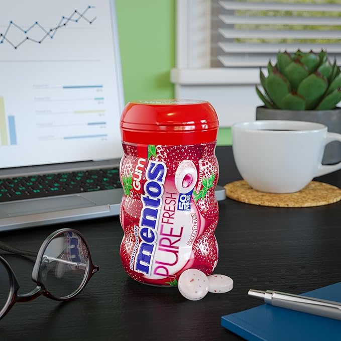 Mentos Pure Fresh Holiday Sugar-Free Chewing Gum with Xylitol, Strawberry, Christmas Stocking Stuffers for Adults & Kids, 50 Piece Bottle (Bulk Pack of 6)