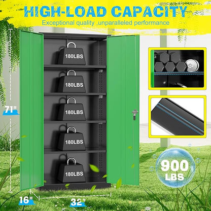 Pataku Metal Storage Cabinet, 71" Garage Cabinet with Doors and Shelves Lockable Steel Multifunctional Cabinets, File Cabinets for Home, Office, Warehouse(Dark Green)