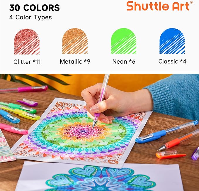 Shuttle Art Gel Pens 60 Pack — Assorted Colors with Ink Refills for Journaling & Drawing
