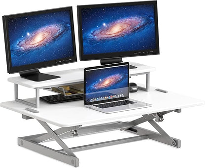 SHW 36-Inch Height Adjustable Standing Desk Converter Sit to Stand Riser Workstation, White