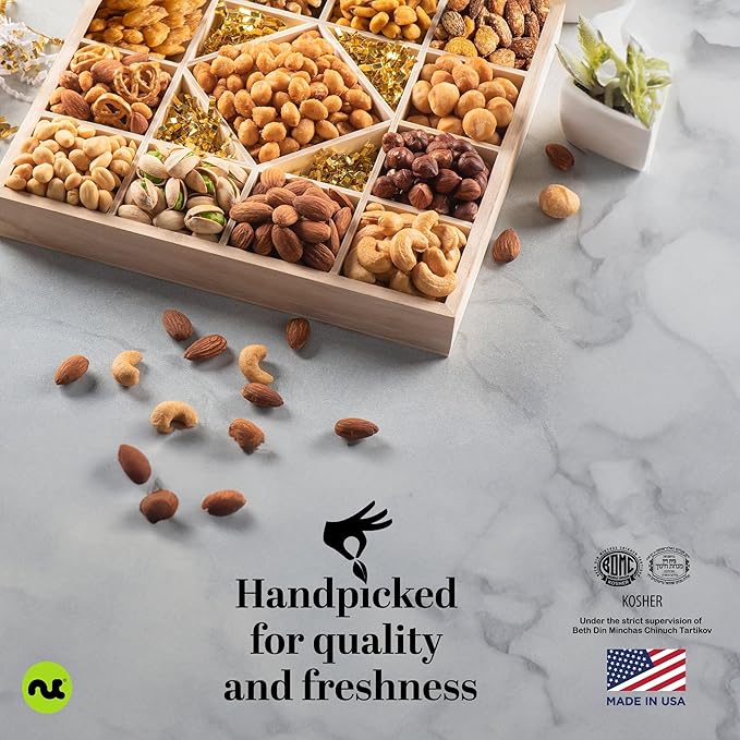 NUT CRAVINGS - Thanksgiving Mixed Nuts Gift Basket in Reusable Diamond Wooden Tray + Green Ribbon (13 Assortments) Holiday Xmas Christmas Food Arrangement Healthy Snack Care Package