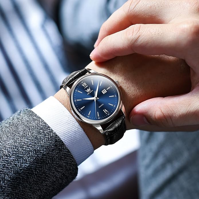 OLEVS Mens Watches, Dress Waterproof Classic Analog Casual Luxury Wrist Watch for Men with Date, Easy to Read Relojes para Hombres Male Quartz Wristwatch with Brown Black Leather Band Blue Black Dial