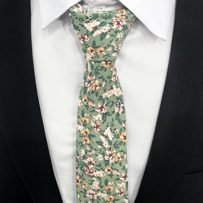 Cotton Floral Ties for Men 2.76" Men's Skinny Tie Linen Flower Printed Neck Tie for Wedding Dating Party