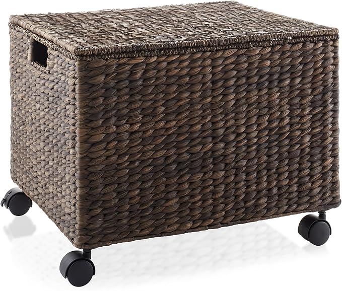 Casafield Rolling Filing Cabinet, Espresso - Water Hyacinth File Organizer with Lid and Locking Wheels, Home Office Storage for Hanging Folders