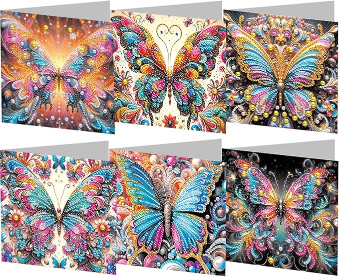 6pcs DIY Butterfly Diamond Art Painting Greeting Cards Kit, Rhinestone Art Holiday Birthday Card Set with Envelopes, DIY Festival Craft for Girlfriend, Christmas Valentine Gift Making Supplies