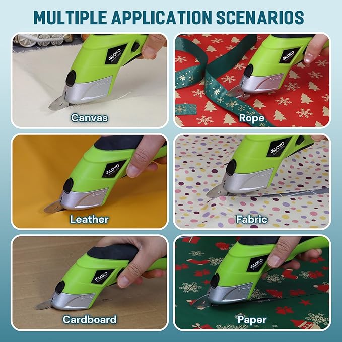 Cordless Electric Scissors, VLOXO Cardboard Cutter Electric Fabric Scissors with Blades Rechargeable Powerful Fabric Cutter for Crafts Leather Carboard Carpet Plastic Felt with Case Green