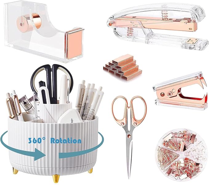 Desk Organizers and Accessories 7Pcs Set with 360-Degree Rotating Pen Holder, Acrylic Stapler, Tape Holder, Staple Remover, Binder/Paper Clips Kit, Scissor and 1 Box of Staples