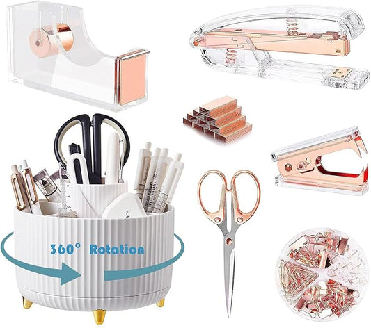 Desk Organizers and Accessories 7Pcs Set with 360-Degree Rotating Pen Holder, Acrylic Stapler, Tape Holder, Staple Remover, Binder/Paper Clips Kit, Scissor and 1 Box of Staples