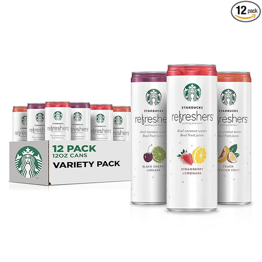 Starbucks Refreshers, 3 Flavor Variety Pack (Peach,Cherry, Stw Lmd), 12 Ounce Sleek Cans (Pack of 12)