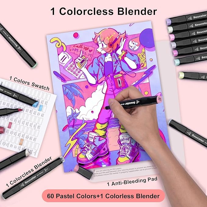 Soucolor 61 Colors Pastel Alcohol Based Markers Set | Professional Dual Tip Art Markers with Brush & Chisel Tips | Includes 1 Blender & Carry Case | For Artists, Adults Coloring, Drawing, Illustration