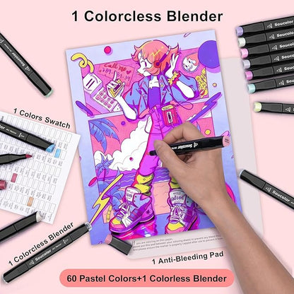 Soucolor 61 Colors Pastel Alcohol Based Markers Set | Professional Dual Tip Art Markers with Brush & Chisel Tips | Includes 1 Blender & Carry Case | For Artists, Adults Coloring, Drawing, Illustration