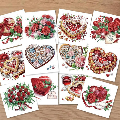 jinglinhh 12pcs Valentine's Day Diamond Art Painting Rose Flower Love Heart Cake Greeting Cards with Envelopes, DIY Card Making Kits for Adults, Diamond Art Holiday Birthday Cards Craft Gifts