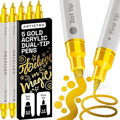 ARTISTRO 5 Gold Acrylic Paint Markers for Rock, Fabric, Wood, Glass, Decoration - Dual-Tip Paint Pens for Coloring Books for Adults, Teens, Kids - Art and Craft Supplies Kit - Gift Idea