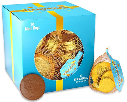 The Dreidel Company 10 Mesh Bags Original Hanukkah Chocolate Gelt Gold Coins, With Dreidel and Menorah Design Made with Premium Belgian Milk Chocolate, Gluten Free, Non-GMO, Kosher Certified 10 Count