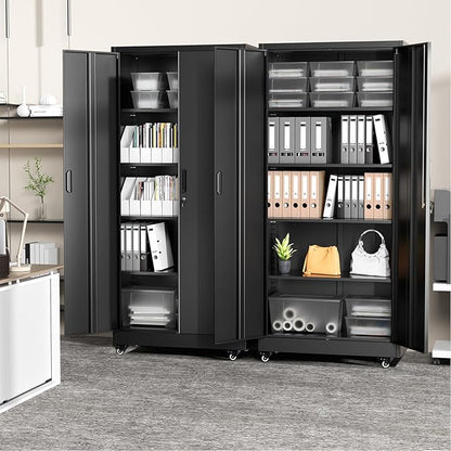 Greenvelly 74" Metal Storage Cabinet with Wheels, Lockable Rolling Metal Garage Cabinets with 2 Doors and 4 Adjustable Shelves, Rolling Tool Cabinet for Garage, Home Office, School