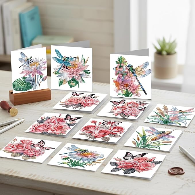 jinglinhh 12pcs Diamond Art Painting Butterfly Flower Dragonfly Daisy Rose Lotus Greeting Cards with Envelopes, DIY Card Making Kits for Adults, Diamond Art Birthday Cards Craft Gifts