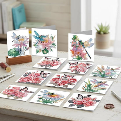 jinglinhh 12pcs Diamond Art Painting Butterfly Flower Dragonfly Daisy Rose Lotus Greeting Cards with Envelopes, DIY Card Making Kits for Adults, Diamond Art Birthday Cards Craft Gifts