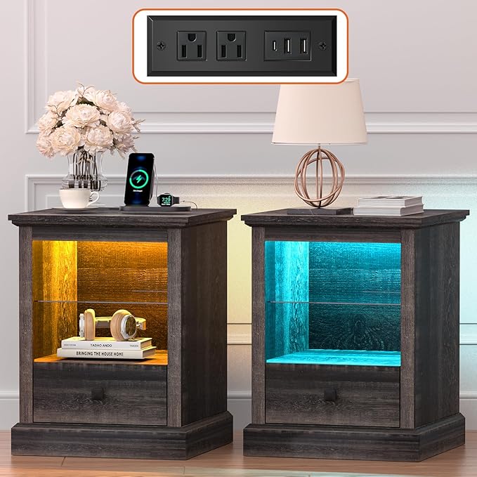 Rresyet Living Room End Table Set of 2, Side Tables with LED Lights & Charging Station & Adjustable Shelf, Storage End Tables with Drawer, Bedroom Nightstands