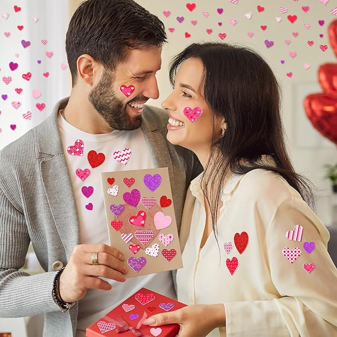 300 PCS Valentines Stickers, Self-Adhesive Foam Heart Stickers, 4 Color Glitter Hearts for Valentines Crafts, Polka Dots Stripe Valentine's Decor, DIY Supplies for Scrapbooking Card Making