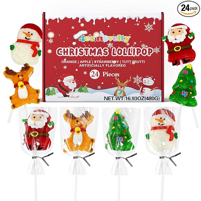 4E's Novelty 24 Pack Christmas Lollipops Santa, Snowman, Reindeer, Tree, Christmas Lollipops Individually Wrapped Bulk, Candy Suckers, Stocking Stuffer Candy for Kids & Adults