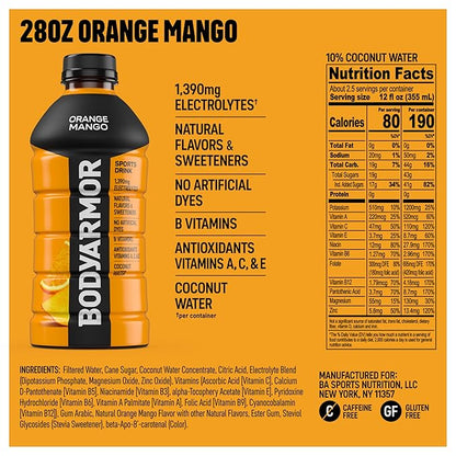 BODYARMOR Sports Drink Sports Beverage, Orange Mango, Coconut Water Hydration, Natural Flavors With Vitamins, Potassium-Packed Electrolytes, Perfect For Athletes, 28 Fl Oz (Pack of 15)