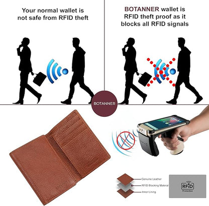 Genuine Leather Mens Trifold Wallet RFID Blocking with 6 Credit Card Slots 1 ID Window Section for Bills 2 Hidden Pockets | Tan
