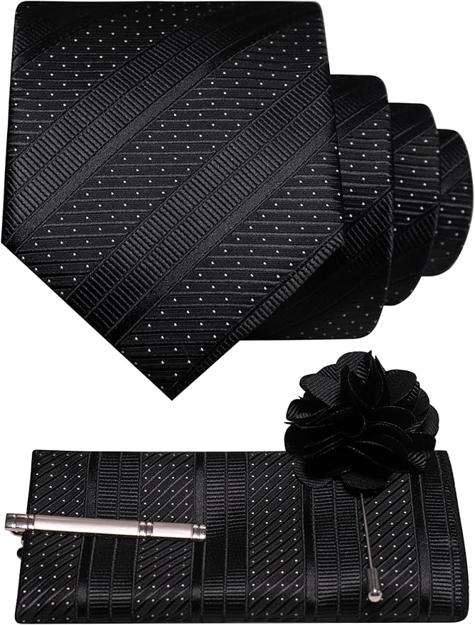 JEMYGINS Mens Striped Tie and Lapel Pin Necktie Pocket Square with Tie Clip Sets for Business Casual 4PCS