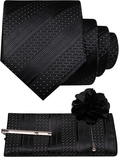 JEMYGINS Mens Striped Tie and Lapel Pin Necktie Pocket Square with Tie Clip Sets for Business Casual 4PCS