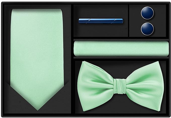TIE G 5pcs Tie Set in WHITE OR BLACK GIFT BOX: Solid Color Necktie, Satin Bow Tie, Pocket Square, Lapel, Cuff Links