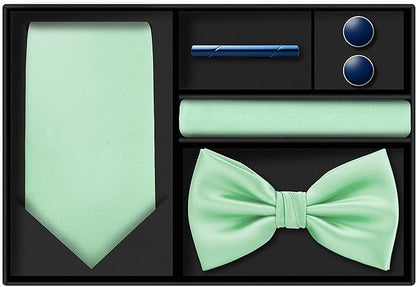 TIE G 5pcs Tie Set in WHITE OR BLACK GIFT BOX: Solid Color Necktie, Satin Bow Tie, Pocket Square, Lapel, Cuff Links
