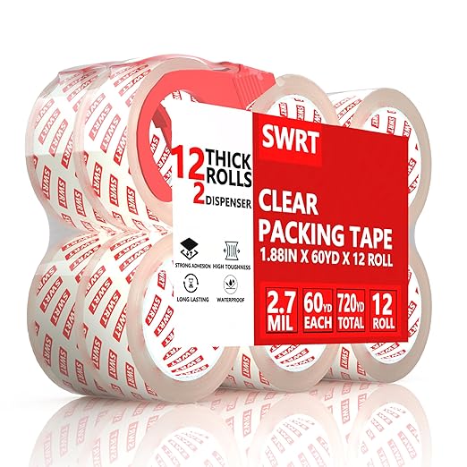 SWRT 2.7Mil Thick Ultra Clear Packing Tape, 12 Rolls Heavy Duty Packaging Tape with 2 Dispensers for Shipping Packaging Moving Mailing, Thicker Sealing Tape-1.88" x 60 Yards Per Roll, 720 Total Yards