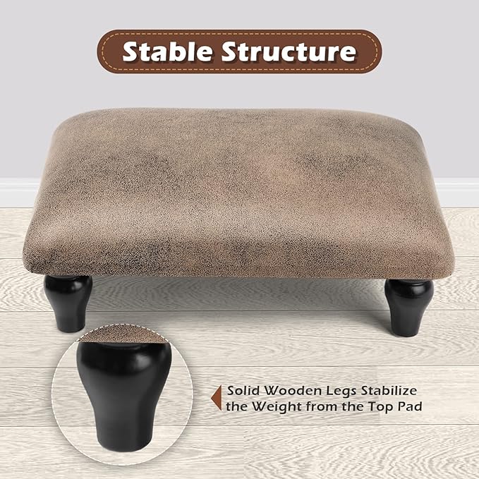 Small Foot Stool Ottoman with Stable Wood Legs Upholstered Footstool Padded Foot Rest Step Stool for High Beds Seat Chair Couch Sofa Patio Bedroom Living Room Office (5.9" H-Shallow Brown)