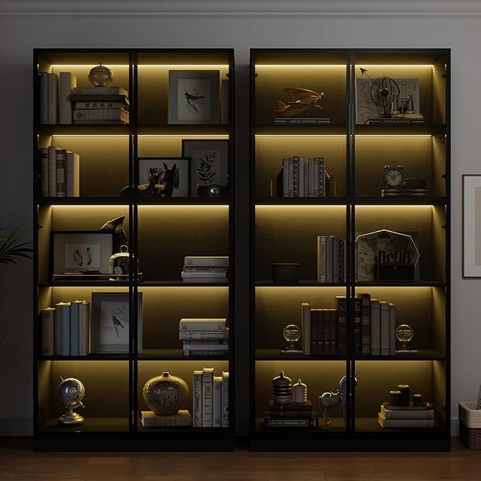78.7" Display Cabinet with 4 Glass Doors, 5 -Tier Storage Cabinet with LED Lights, Tall Black Bookcase with Storage, Wooden Display Case for Collectible, Living Room, Office(Black)