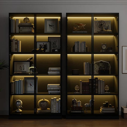78.7" Display Cabinet with 4 Glass Doors, 5 -Tier Storage Cabinet with LED Lights, Tall Black Bookcase with Storage, Wooden Display Case for Collectible, Living Room, Office(Black)