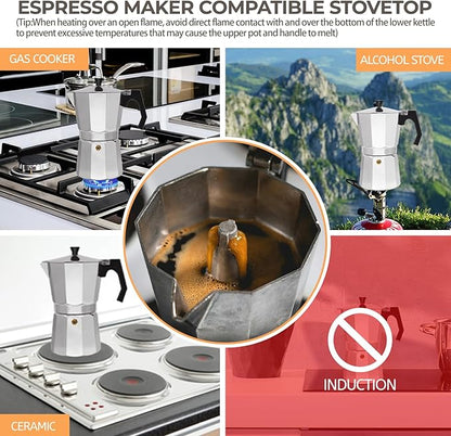 Aluminum 9 Cup 450ml Moka Pot Express Coffee Maker Stovetop Espresso Percolator Coffeemaker Italian Classic Style Brewing Greca Cafe Mocha Machine for Cafeteras Lover Camping Travel and Home Use 15oz
