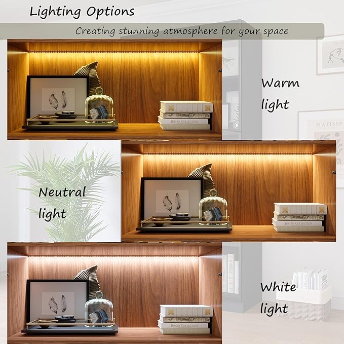 78.7" Display Cabinet with 4 Glass Doors, 5 -Tier Storage Cabinet with LED Lights, Tall Walnut Bookcase with Storage, Wooden Display Case for Collectible, Living Room, Office (Walnut)