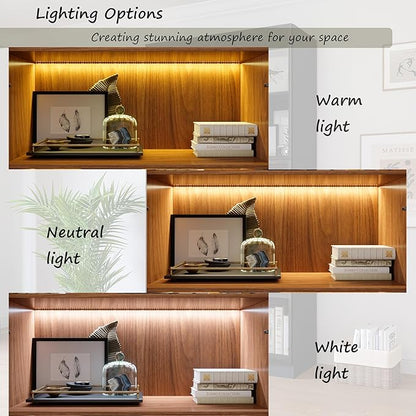 78.7" Display Cabinet with 4 Glass Doors, 5 -Tier Storage Cabinet with LED Lights, Tall Walnut Bookcase with Storage, Wooden Display Case for Collectible, Living Room, Office (Walnut)