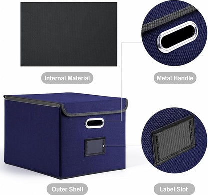 Collapsible File Box with Lid & Plastic Slide - Hanging Document Organizer for Office/Home, 14.96x12.6x10.83 Inch,Dark Blue, 2 Pack (No Folders Included)