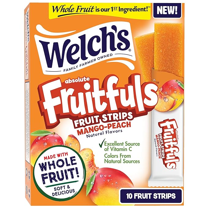 Welch’s Absolute Fruitfuls Fruit Strips, Tasty Dried Fruit Snacks for School Lunches, Mango Peach, 0.5oz (Pack of 10)