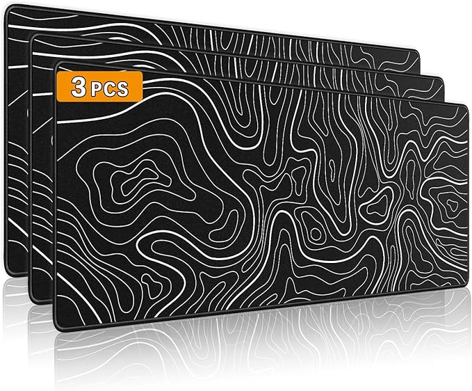 3 Pcs Large Gaming Mouse Pad 31.5 x 11.8in,Anti-Slip Rubber Base Mousepad, XL Keyboard Mouse Mat for Home/Office, Black with White Topographic Line