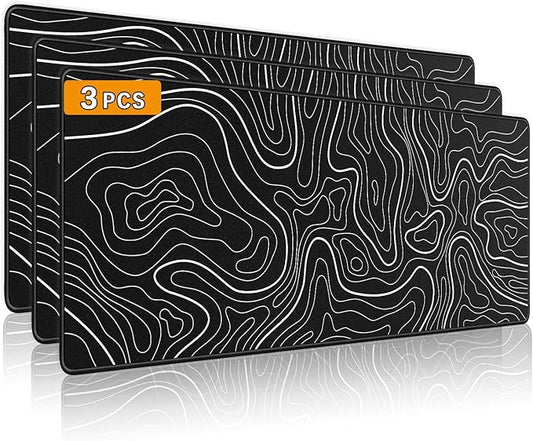 3 Pcs Large Gaming Mouse Pad 31.5 x 11.8in,Anti-Slip Rubber Base Mousepad, XL Keyboard Mouse Mat for Home/Office, Black with White Topographic Line