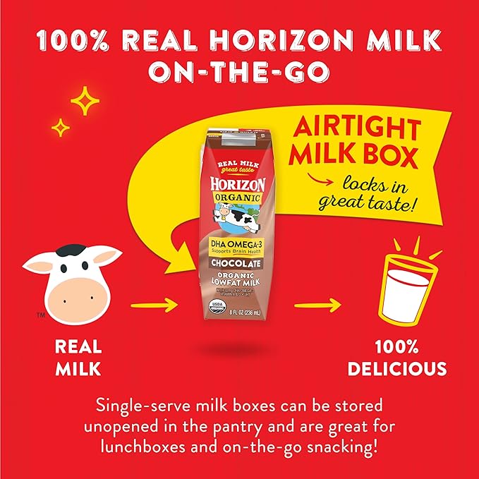 Horizon Organic Shelf Stable 1% Lowfat DHA Omega-3 Chocolate Milk Boxes, 8 fl oz, 6 Count - 8g Protein per Serving, USDA Organic UHT from Pasture-Raised Cows, Ready to Drink for Lunchbox, Travel, or On-the-Go, No Refrigeration Needed