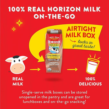 Horizon Organic Shelf Stable 1% Lowfat DHA Omega-3 Chocolate Milk Boxes, 8 fl oz, 6 Count - 8g Protein per Serving, USDA Organic UHT from Pasture-Raised Cows, Ready to Drink for Lunchbox, Travel, or On-the-Go, No Refrigeration Needed