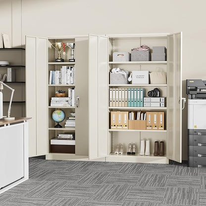 SUNCROWN 72" Metal Storage Cabinet - Heavy-Duty Metal Garage Cabinet with 4 Adjustable Shelves & 2 Doors for Tools, Office, Home, Workshop,Warm Grey