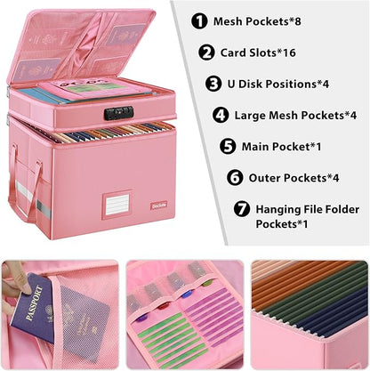 DocSafe File Box with Lock,Multi-Layer Fireproof Document Box Collapsible File Storage Organizer with Pockets/Handle,Large Portable Home Office Filing Safe for Hanging Letter/Legal Size Folders,Pink