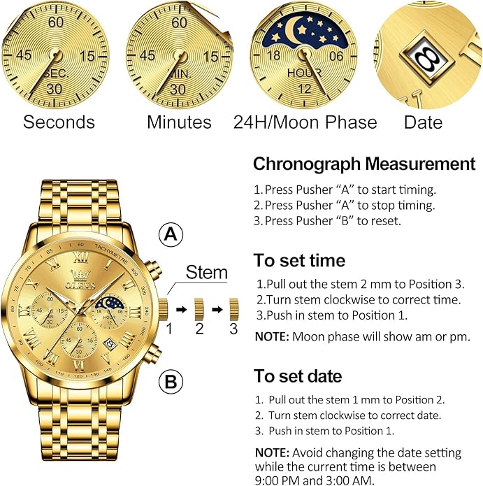 OLEVS Mens Stainless Steel Chronograph Watch, Big Face Roman Numerals Date Analog Quartz Dress Watches for Men, Fashion Multifunctional Waterproof Luminous Hands Men's Wristwatch