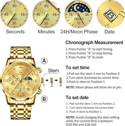 OLEVS Mens Stainless Steel Chronograph Watch, Big Face Roman Numerals Date Analog Quartz Dress Watches for Men, Fashion Multifunctional Waterproof Luminous Hands Men's Wristwatch