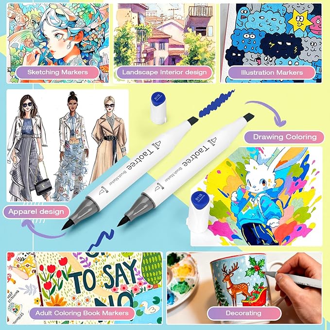 Taotree Alcohol Markers Brush Tip, 121 Colors Brush Markers Dual Tip Coloring Pens, Brush & Fine Tip Sketch Illustration Drawing Art Supplies Gift for Artist Coloring Book Painting, Sketching