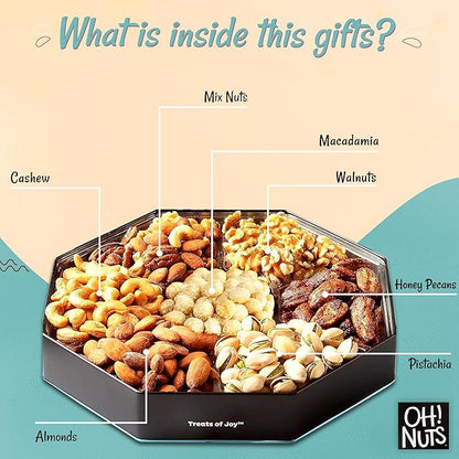 Oh! Nuts 7 Section Nuts Gift Basket - Gourmet Assorted Macadamia Nut Gifts Baskets - Healthy Nuts Gift Hexagon Metal Tin Box - Premium Food Gift for Holiday, Movie Night, Corporate, Men & Women